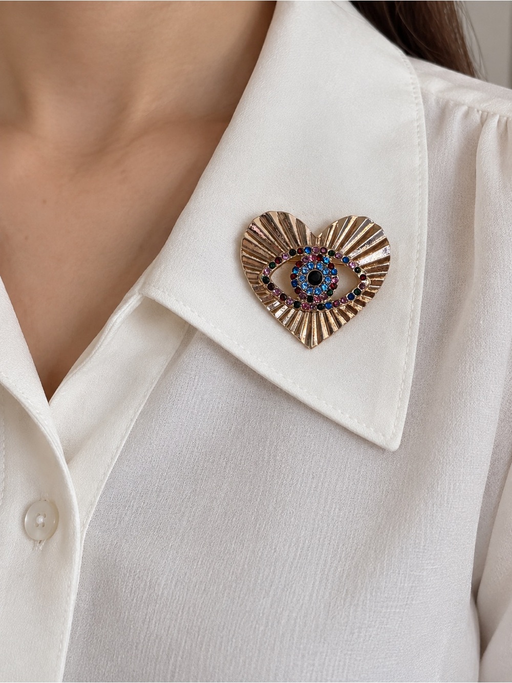 Heart Shaped Eye Pin Brooch in Gold with Multicolor Crystals